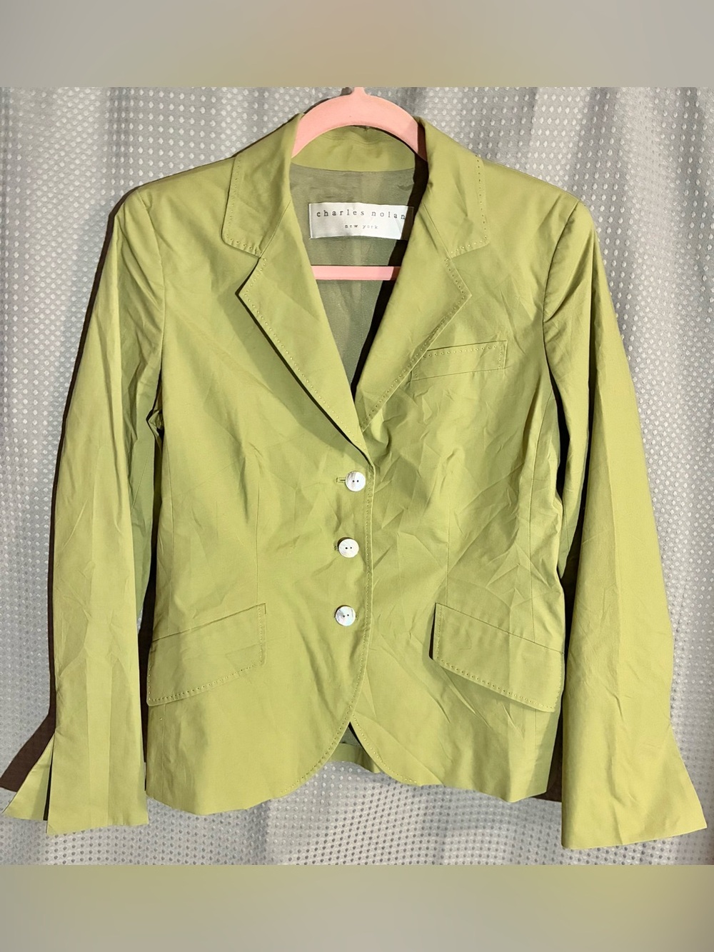 Charles Nolan NY Green Tailored Cotton Blazer Sz 10 Cuff Slits Flap Pocket